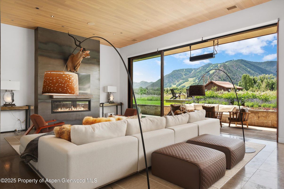 Fireplace, Interior, Living room, Recessed Lighting, Wooden Ceilings