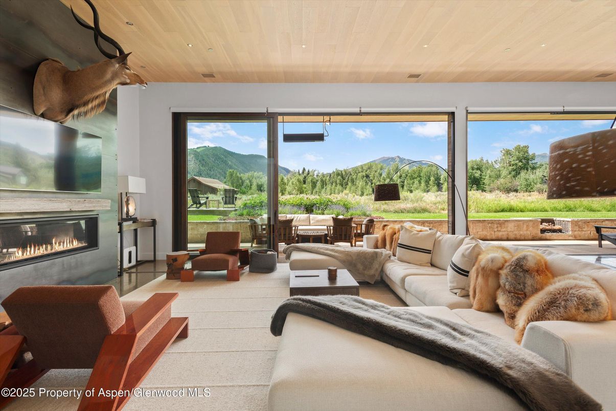 Fireplace, Interior, Living room, Recessed Lighting, Wooden Ceilings