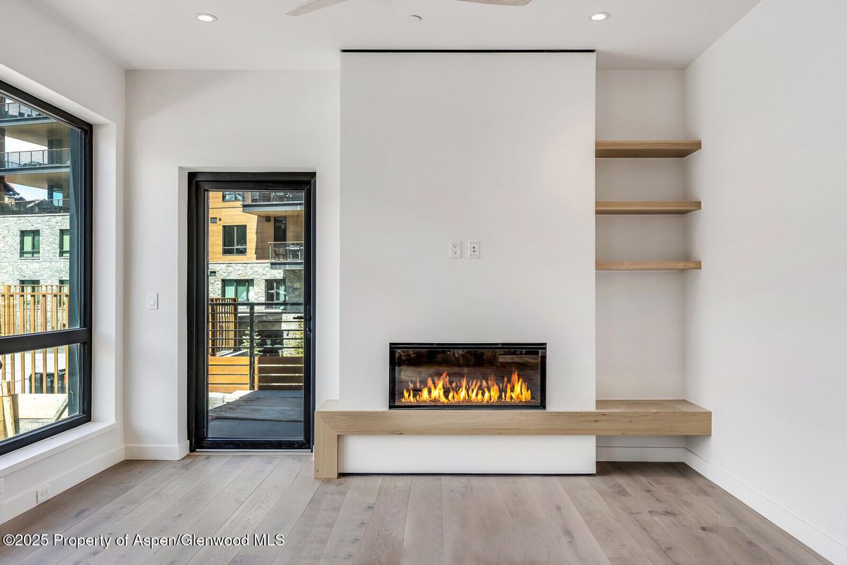 Fireplace, Interior, Recessed Lighting, Wood Texture Flooring