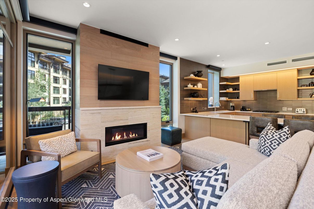 Fireplace, Interior, Kitchen, Living room, Recessed Lighting