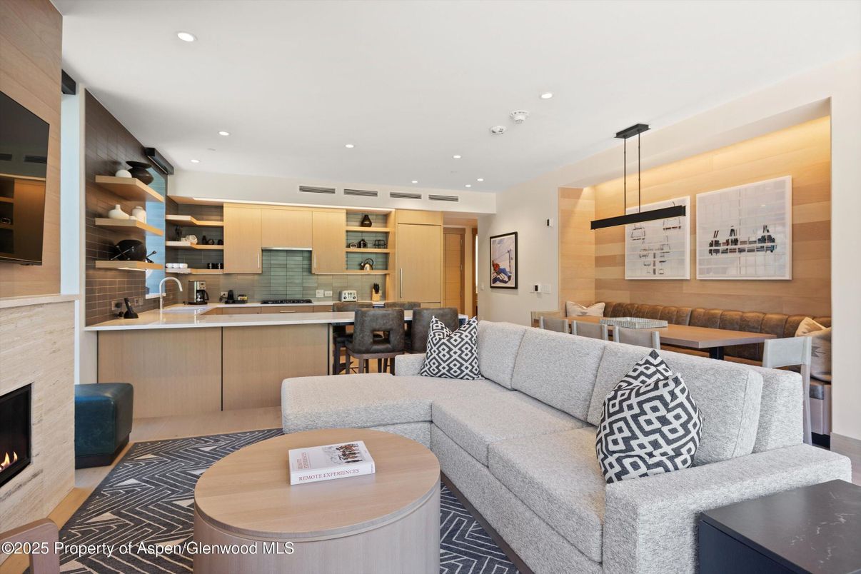 Dining room, Fireplace, Interior, Kitchen, Living room, Pendant Lights, Recessed Lighting