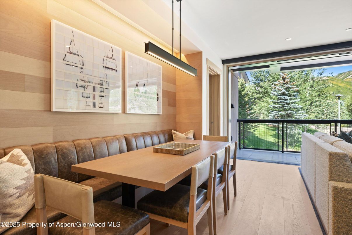 Dining room, Interior, Pendant Lights, Recessed Lighting, Wood Texture Flooring
