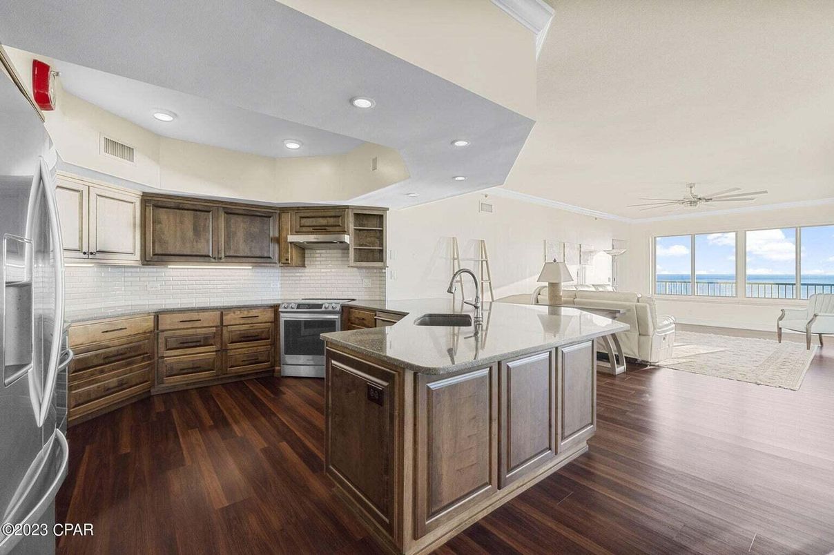 Interior, Kitchen, Recessed Lighting, Stainless Steel Appliances, Wood Texture Flooring