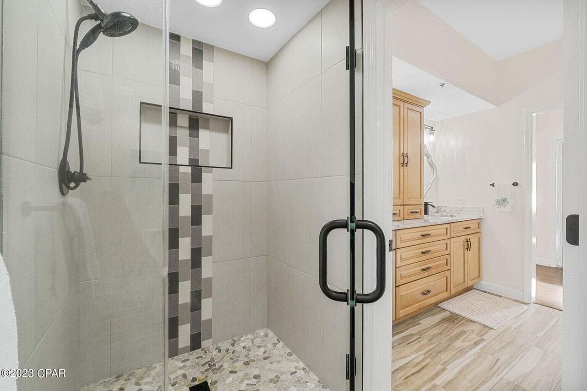 Bathroom, Glass Shower, Interior, Recessed Lighting, Wood Texture Flooring