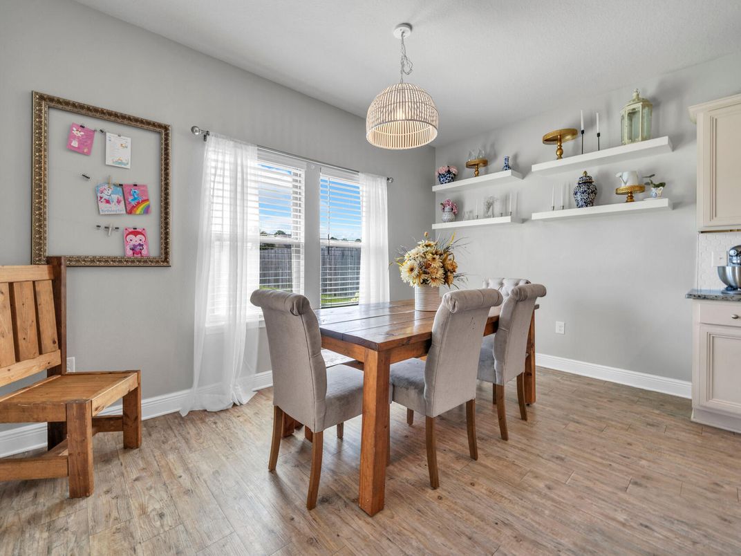 Dining room, Interior, Pendant Lights, Wood Texture Flooring