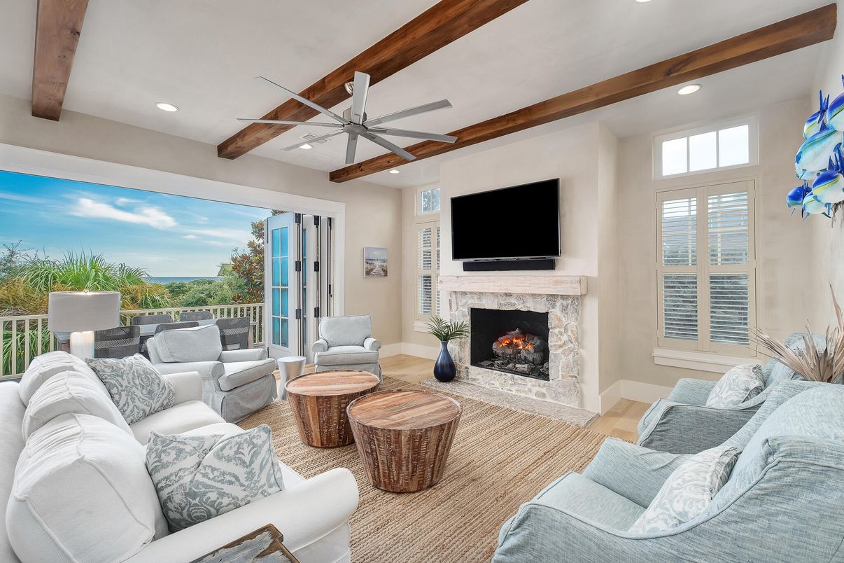 Fireplace, Interior, Living room, Recessed Lighting, Wooden Beams, Wood Texture Flooring