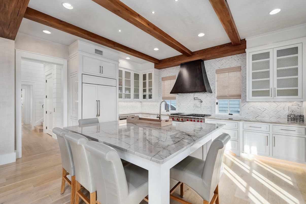 Interior, Kitchen, Recessed Lighting, Stainless Steel Appliances, Wooden Beams, Wood Texture Flooring
