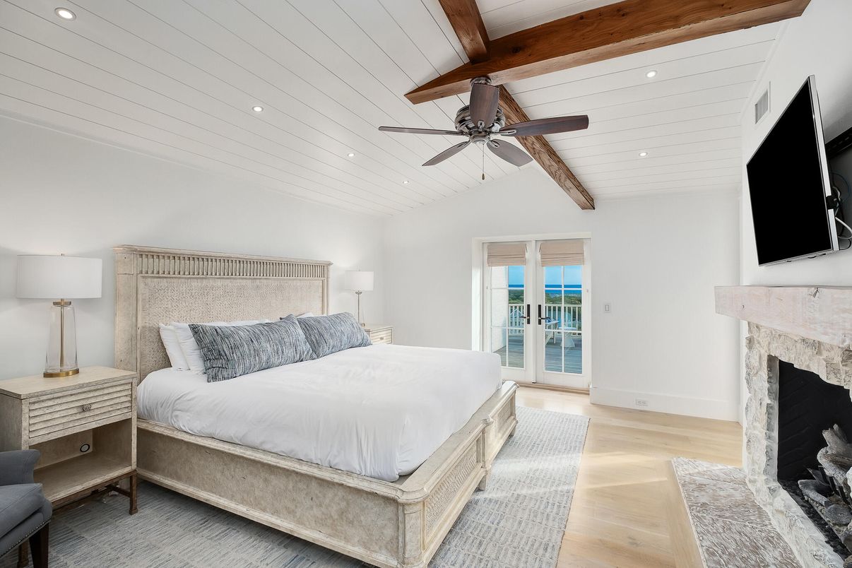 Bedroom, Fireplace, Interior, Recessed Lighting, Wooden Beams, Wood Texture Flooring