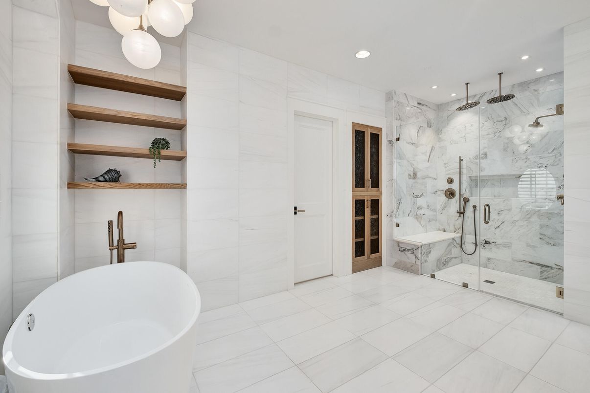 Bathroom, Free Standing Baths, Glass Shower, Interior, Marble Walls, Recessed Lighting