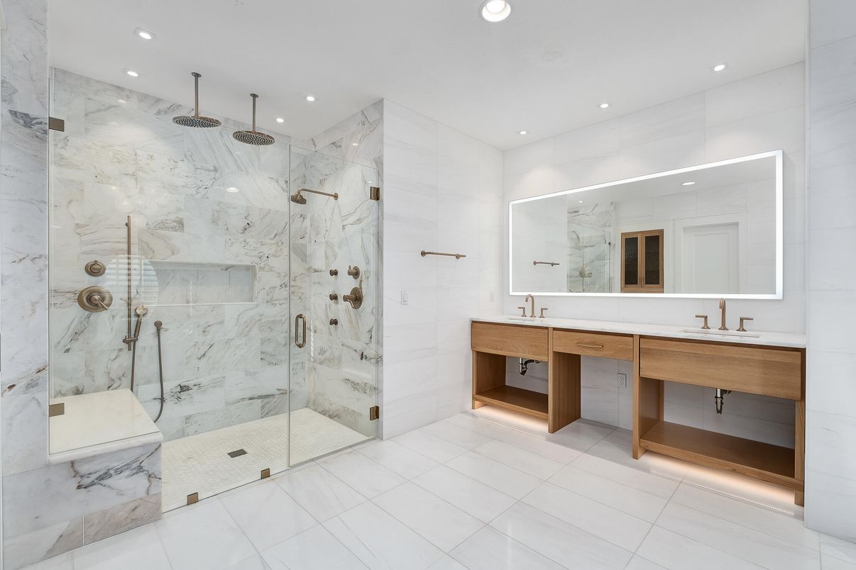 Bathroom, Dual Sink Vanities, Glass Shower, Interior, Marble Walls, Recessed Lighting