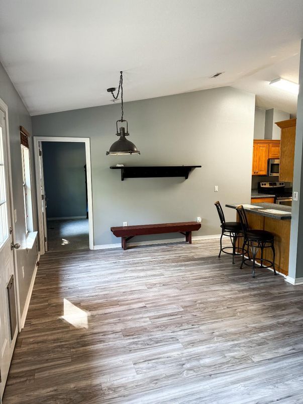 Billiard Table, Game Room, Interior, Kitchen, Pendant Lights, Wood Texture Flooring