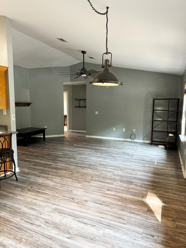 Empty room, Interior, Pendant Lights, Wood Texture Flooring