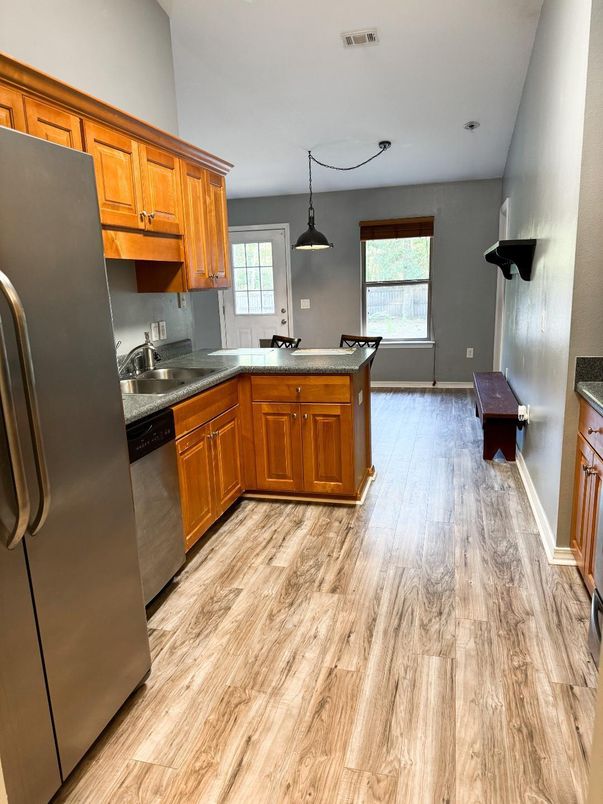 Interior, Kitchen, Pendant Lights, Wood Texture Flooring