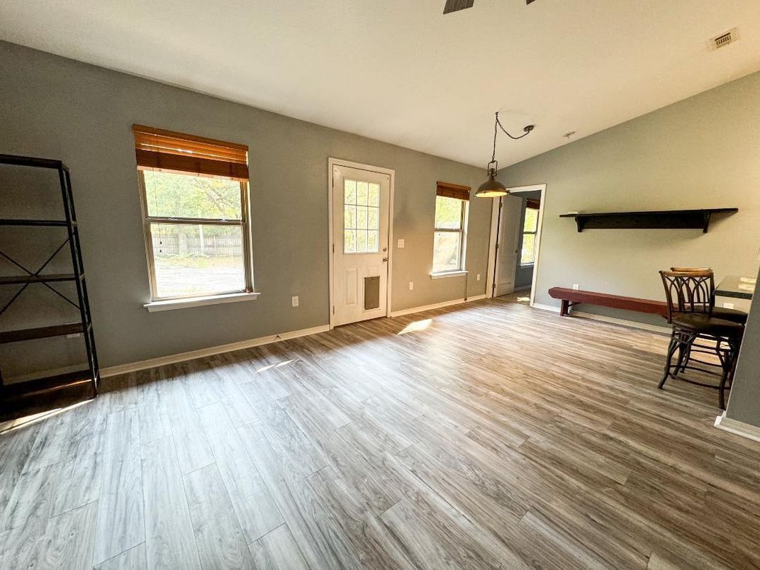 Dining room, Interior, Pendant Lights, Wood Texture Flooring