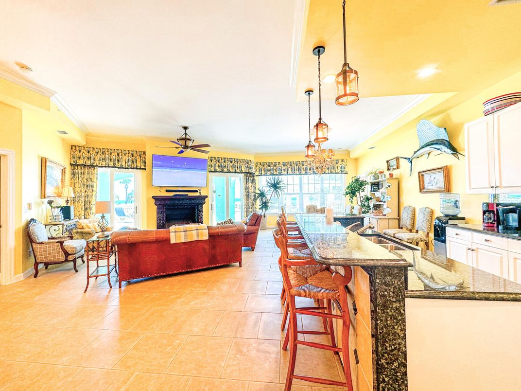 Dining room, Fireplace, Interior, Kitchen, Living room, Pendant Lights, Recessed Lighting