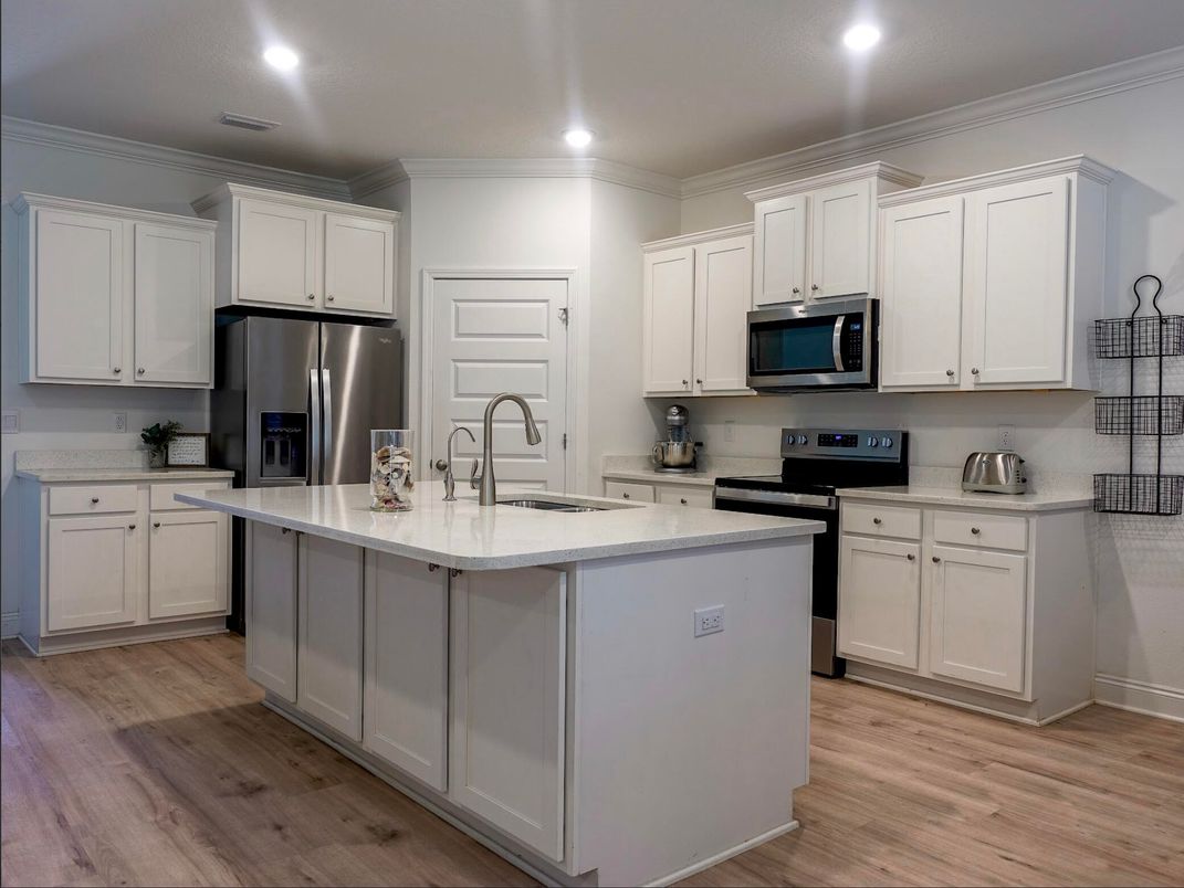 Interior, Kitchen, Recessed Lighting, Stainless Steel Appliances, Wood Texture Flooring