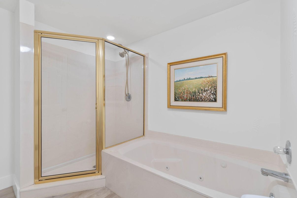 Bathroom, Glass Shower, Interior, Recessed Lighting, Wood Texture Flooring