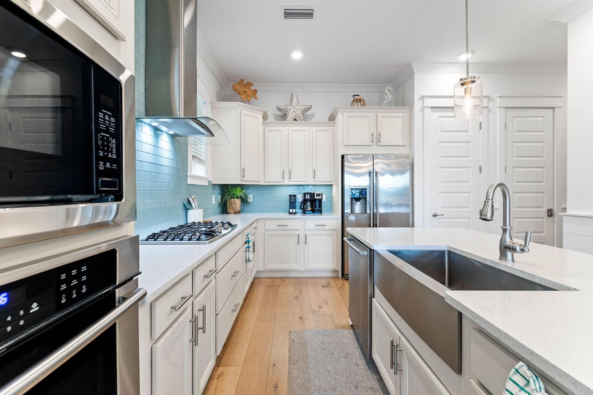 Interior, Kitchen, Pendant Lights, Recessed Lighting, Stainless Steel Appliances, Wood Texture Flooring