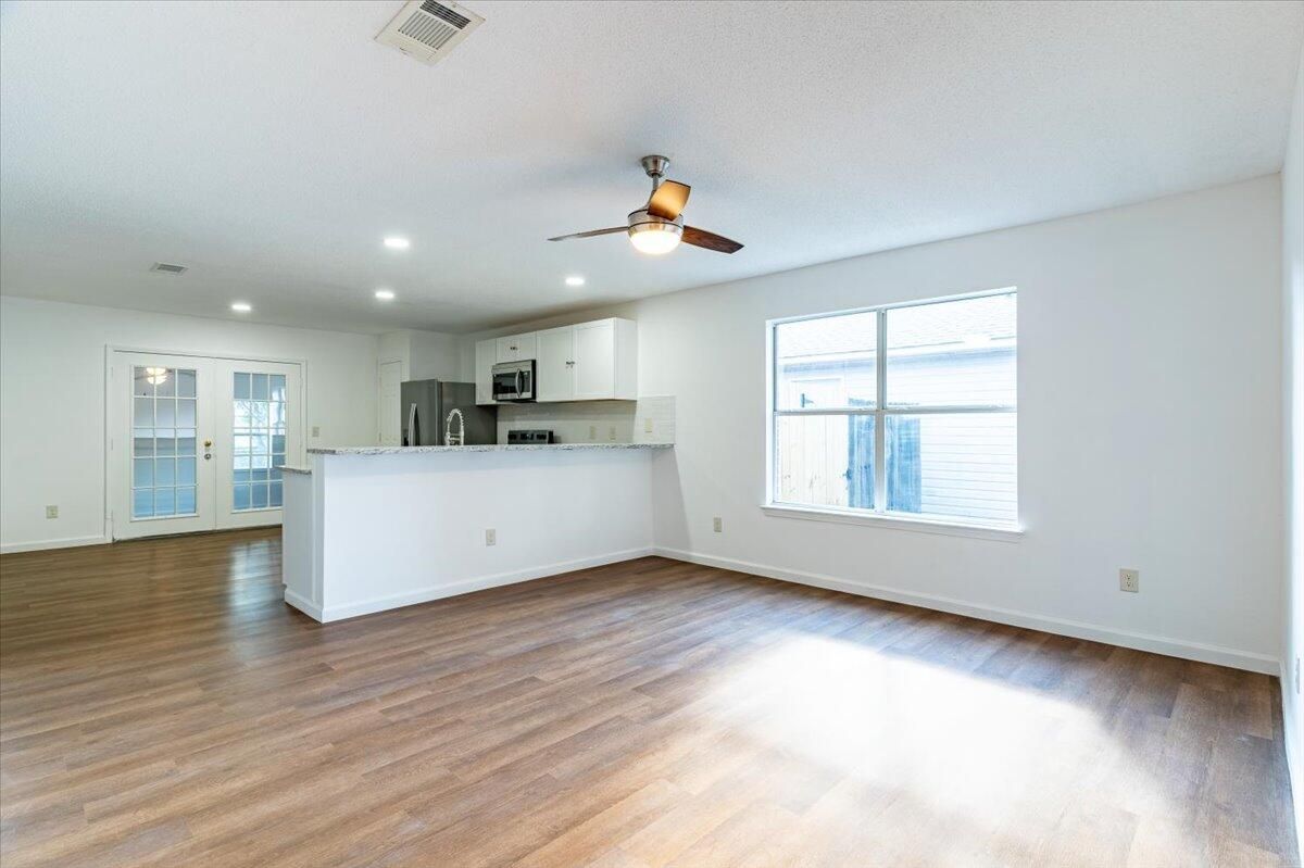 Empty room, Interior, Kitchen, Recessed Lighting, Wood Texture Flooring