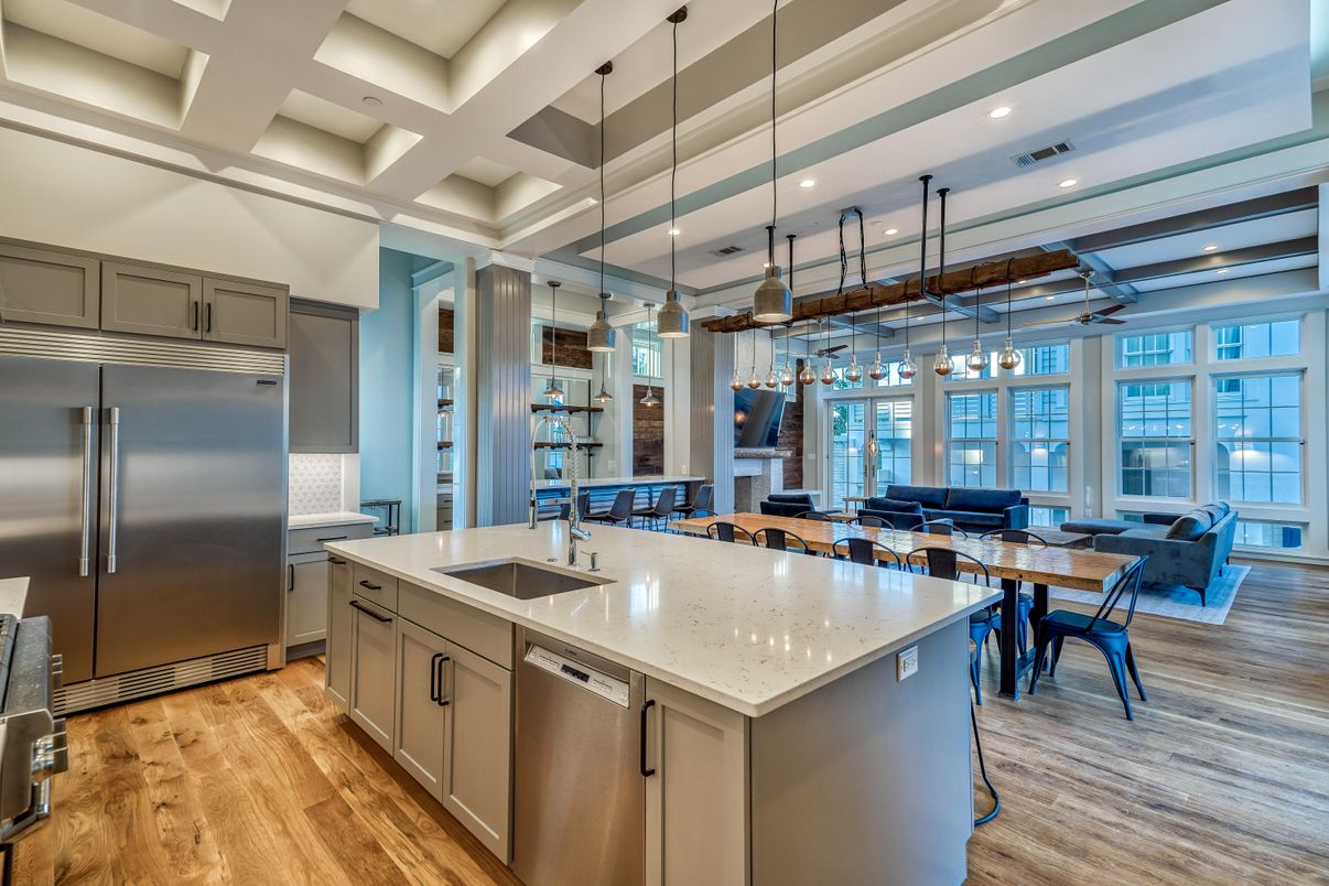 Dining room, Interior, Kitchen, Living room, Pendant Lights, Recessed Lighting, Stainless Steel Appliances, Wood Texture Flooring