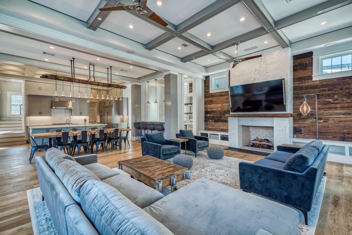 Dining room, Fireplace, Interior, Kitchen, Living room, Pendant Lights, Recessed Lighting, Stone Walls, Wood Texture Flooring