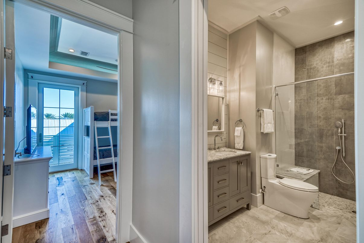 Bathroom, Interior, Recessed Lighting, Wood Texture Flooring