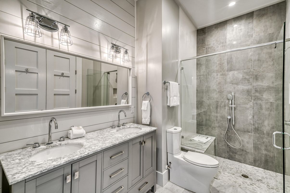 Bathroom, Dual Sink Vanities, Glass Shower, Interior, Recessed Lighting