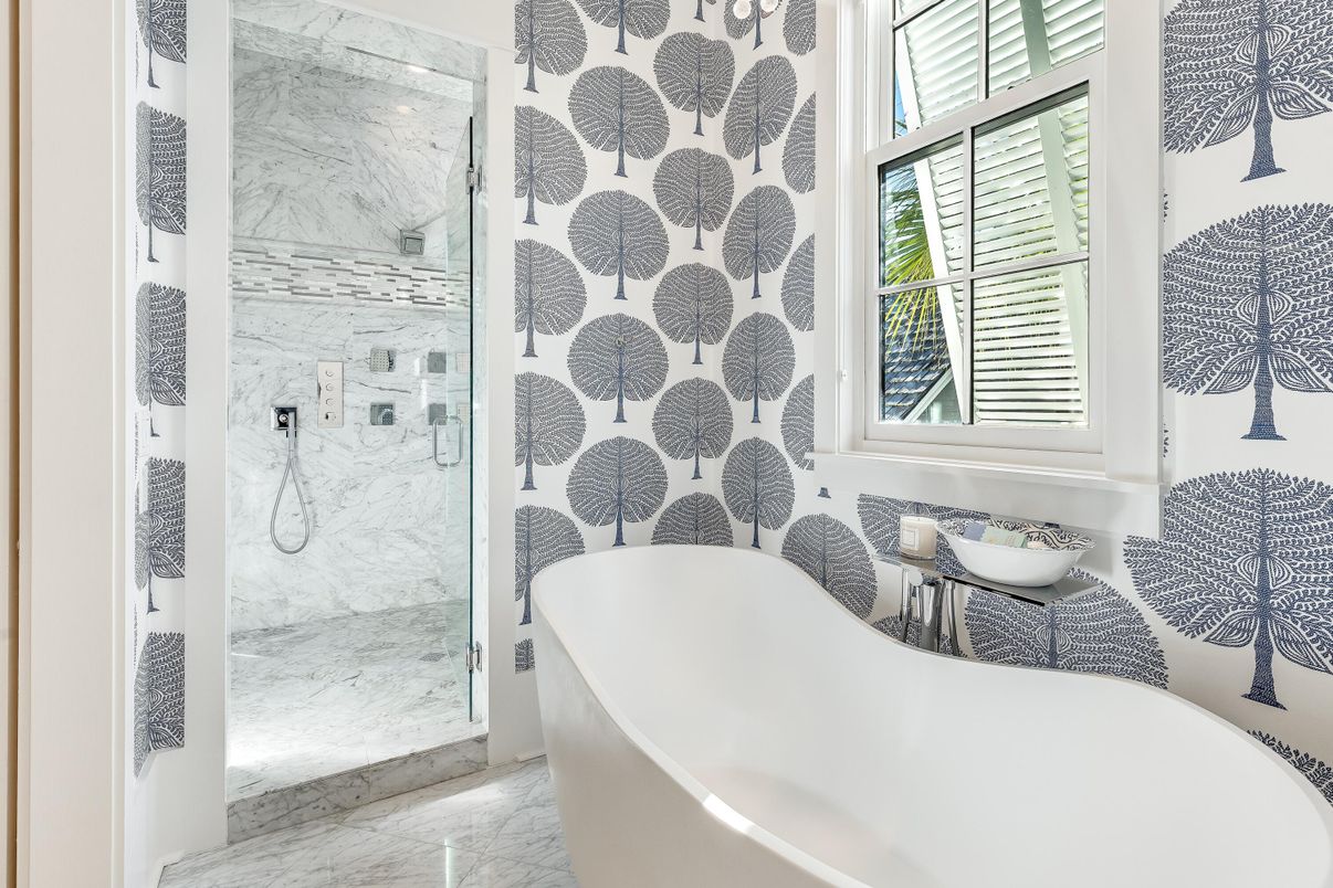 Bathroom, Free Standing Baths, Glass Shower, Interior, Marble, Marble Walls