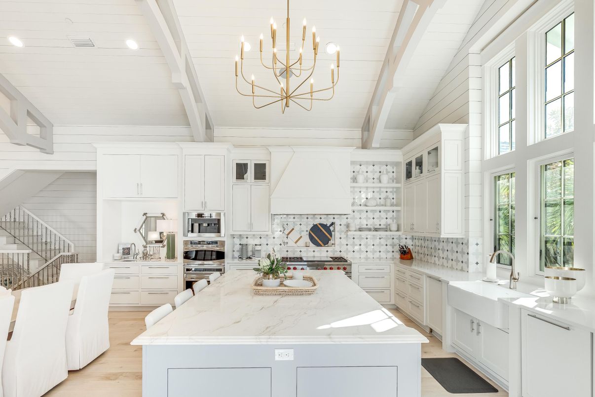 Chandelier, Interior, Kitchen, Recessed Lighting, Stainless Steel Appliances, Wood Texture Flooring