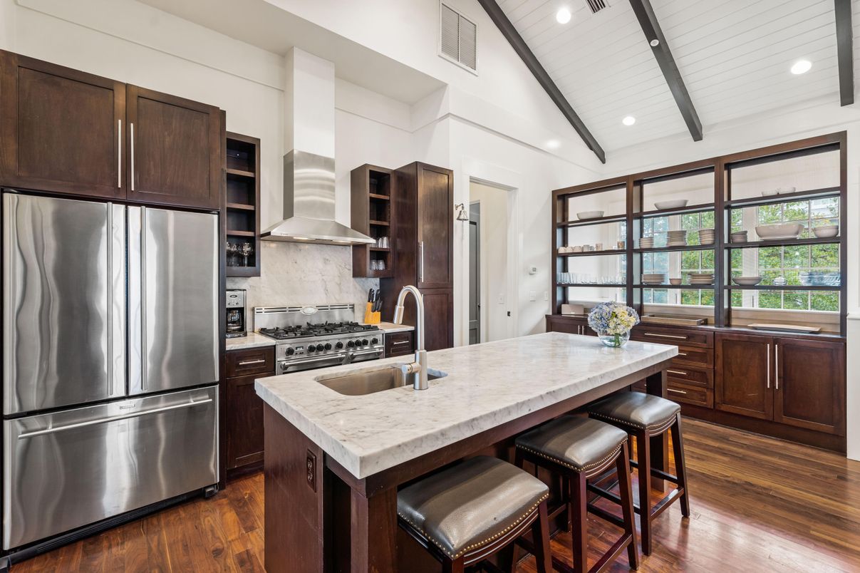 Interior, Kitchen, Recessed Lighting, Stainless Steel Appliances, Wooden Beams, Wood Texture Flooring