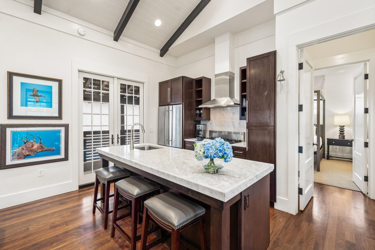 Interior, Kitchen, Recessed Lighting, Stainless Steel Appliances, Wooden Beams, Wood Texture Flooring