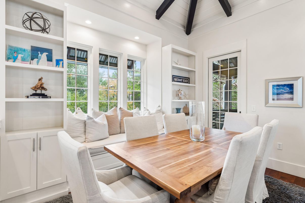 Dining room, Interior, Recessed Lighting, Wooden Beams, Wood Texture Flooring