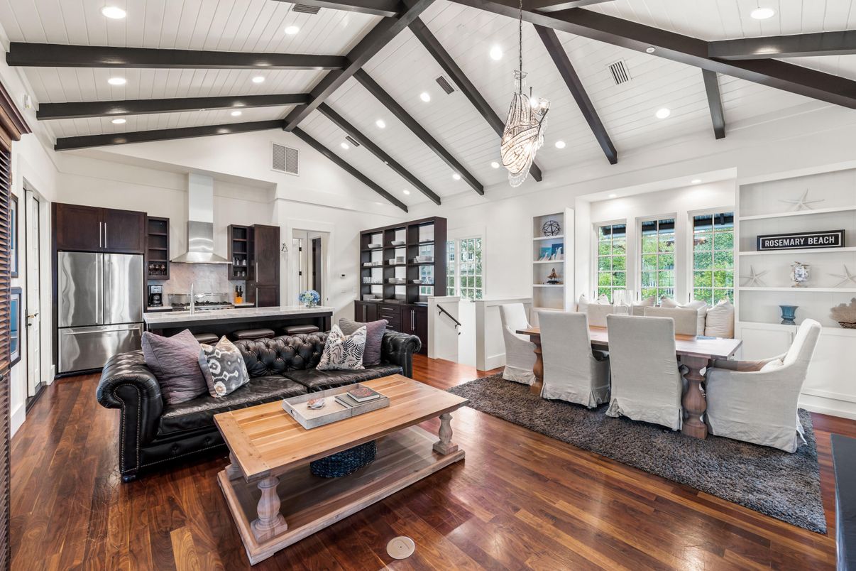 Dining room, Interior, Kitchen, Living room, Pendant Lights, Recessed Lighting, Stainless Steel Appliances, Wooden Beams, Wood Texture Flooring