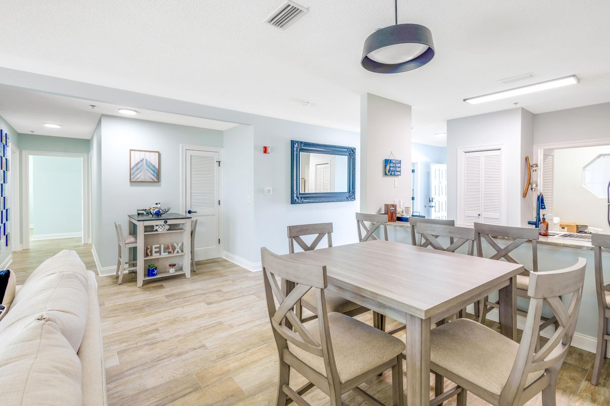 Dining room, Interior, Recessed Lighting, Wood Texture Flooring