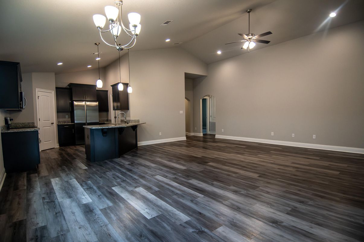 Chandelier, Interior, Kitchen, Pendant Lights, Recessed Lighting, Stainless Steel Appliances, Wood Texture Flooring