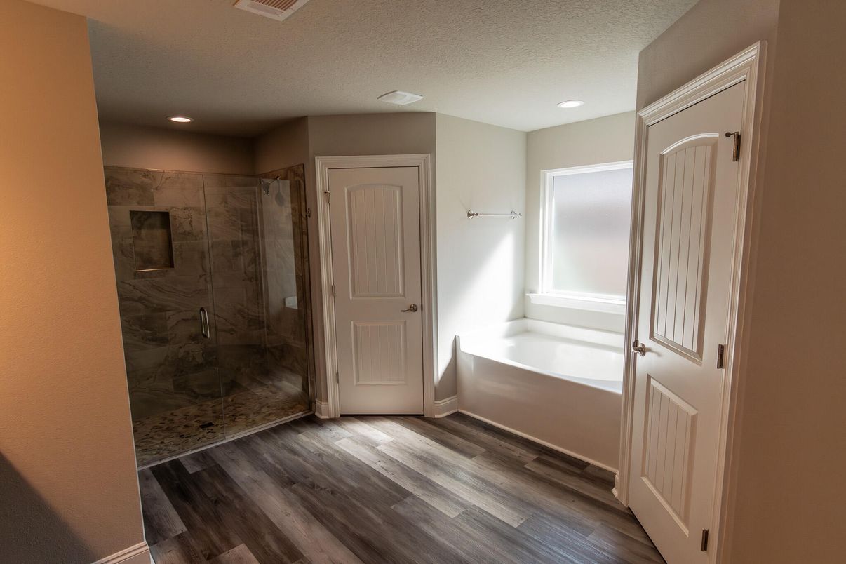 Bathroom, Glass Shower, Interior, Recessed Lighting, Wood Texture Flooring