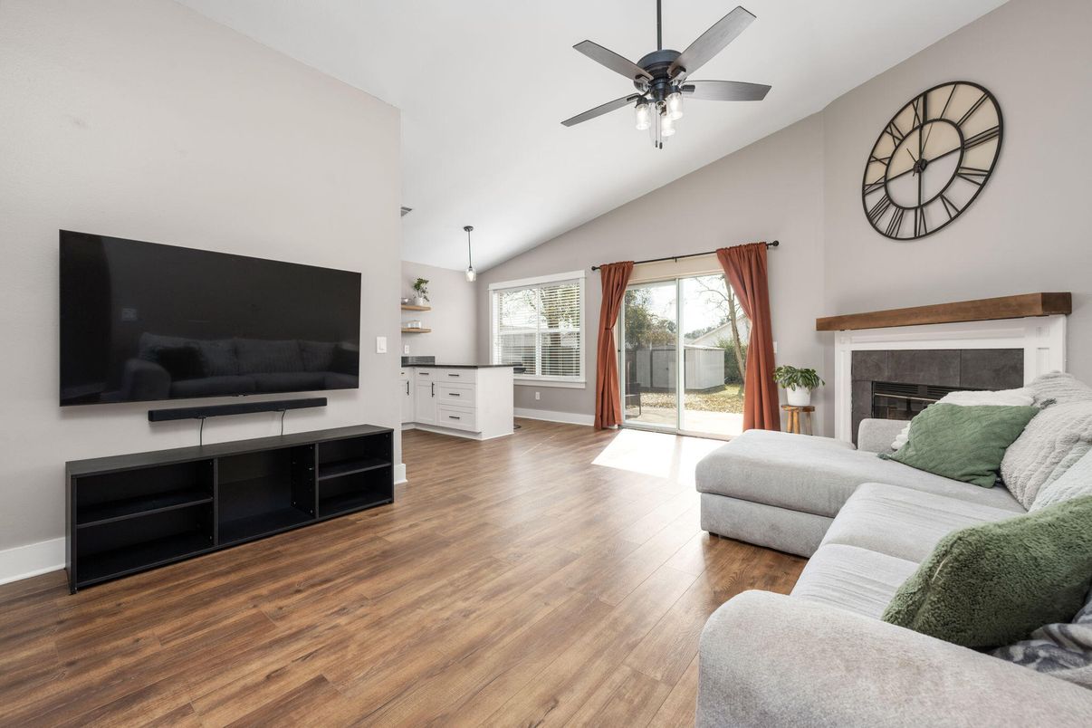 Fireplace, Interior, Living room, Pendant Lights, Wood Texture Flooring