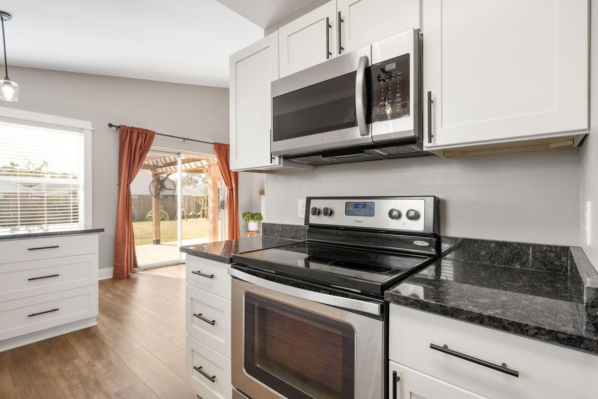 Interior, Kitchen, Pendant Lights, Stainless Steel Appliances, Wood Texture Flooring