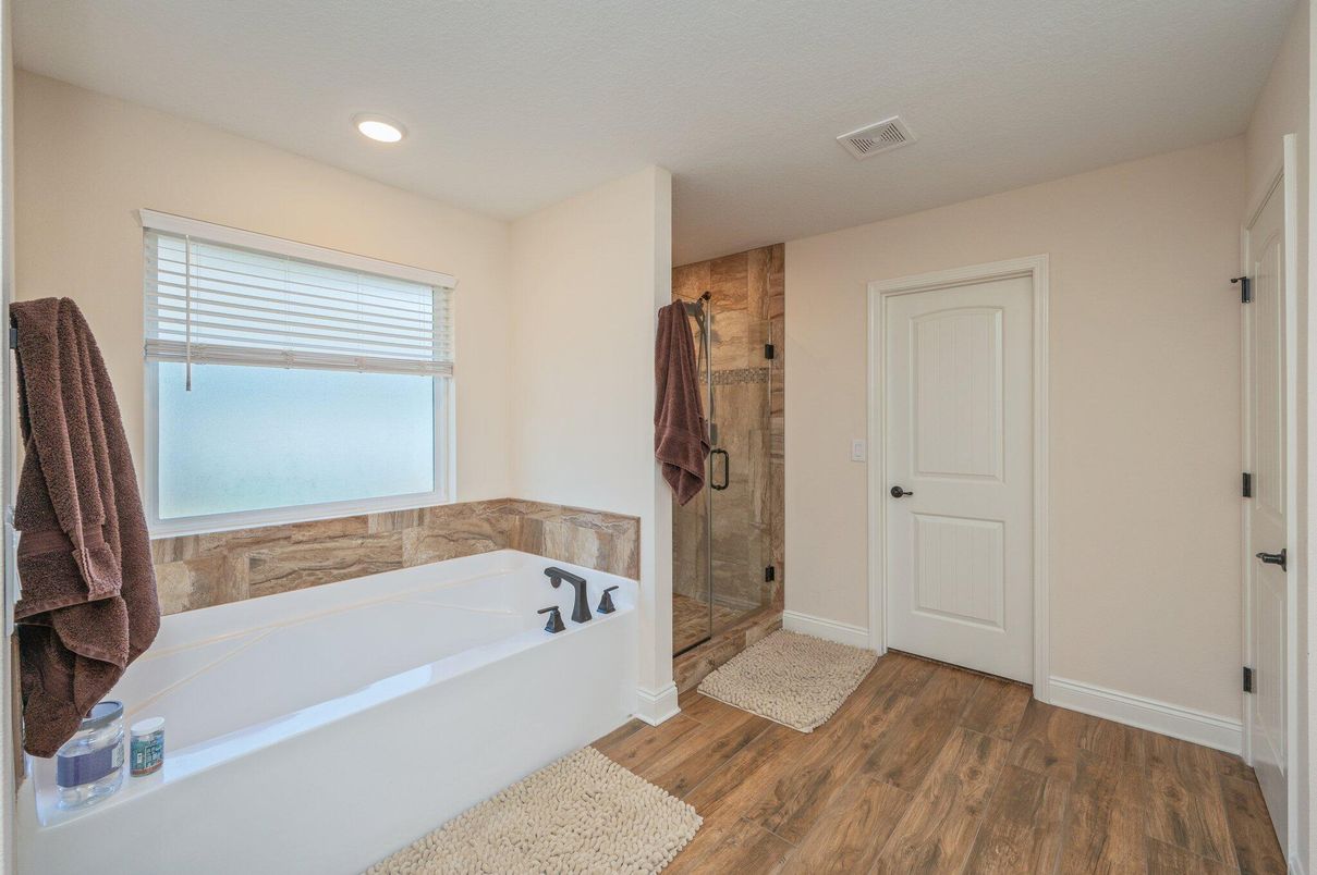 Bathroom, Glass Shower, Interior, Recessed Lighting, Wood Texture Flooring