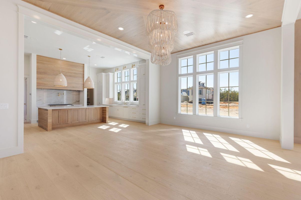Chandelier, Interior, Kitchen, Pendant Lights, Recessed Lighting, Wooden Ceilings, Wood Texture Flooring