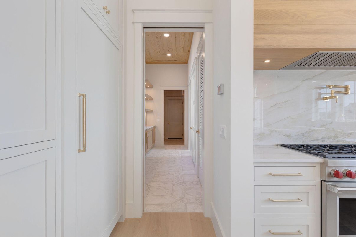 Interior, Kitchen, Marble, Marble Walls, Recessed Lighting, Wooden Ceilings, Wood Texture Flooring