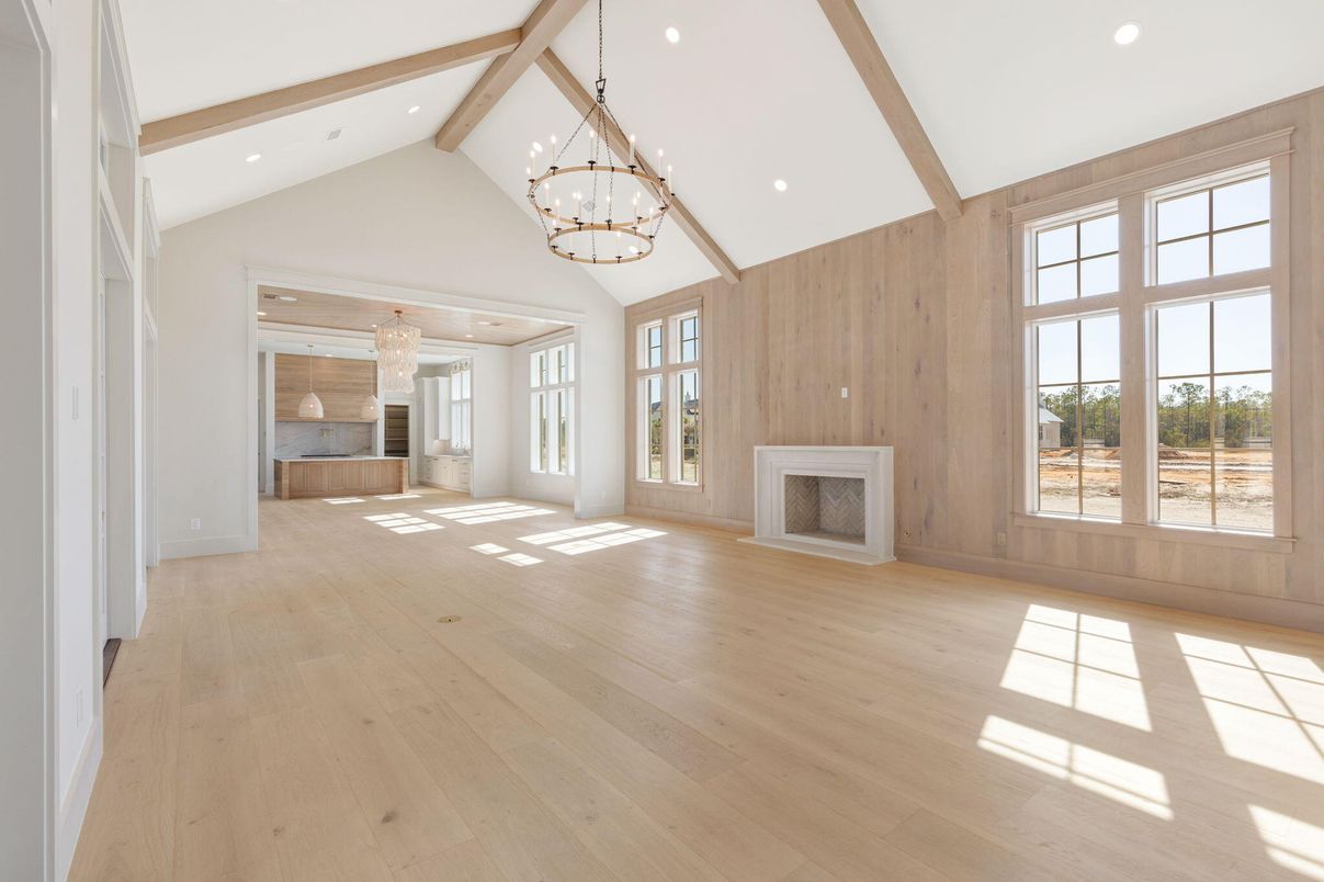 Chandelier, Empty room, Fireplace, Interior, Recessed Lighting, Wooden Beams, Wood Texture Flooring, Wooden Walls