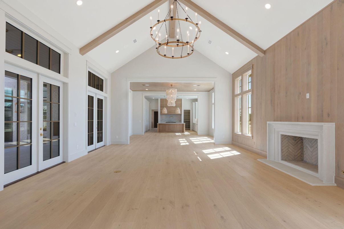 Chandelier, Empty room, Fireplace, Interior, Recessed Lighting, Wooden Beams, Wood Texture Flooring, Wooden Walls