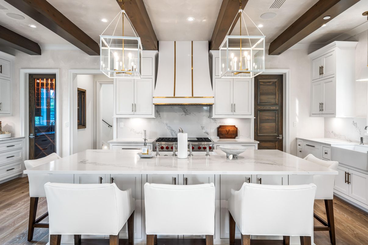 Interior, Kitchen, Pendant Lights, Recessed Lighting, Stainless Steel Appliances, Wooden Beams, Wood Texture Flooring