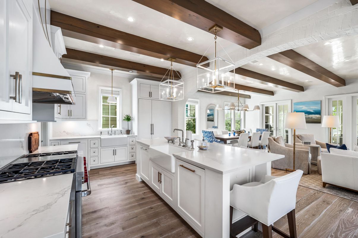 Dining room, Interior, Kitchen, Living room, Pendant Lights, Recessed Lighting, Stainless Steel Appliances, Wooden Beams, Wood Texture Flooring
