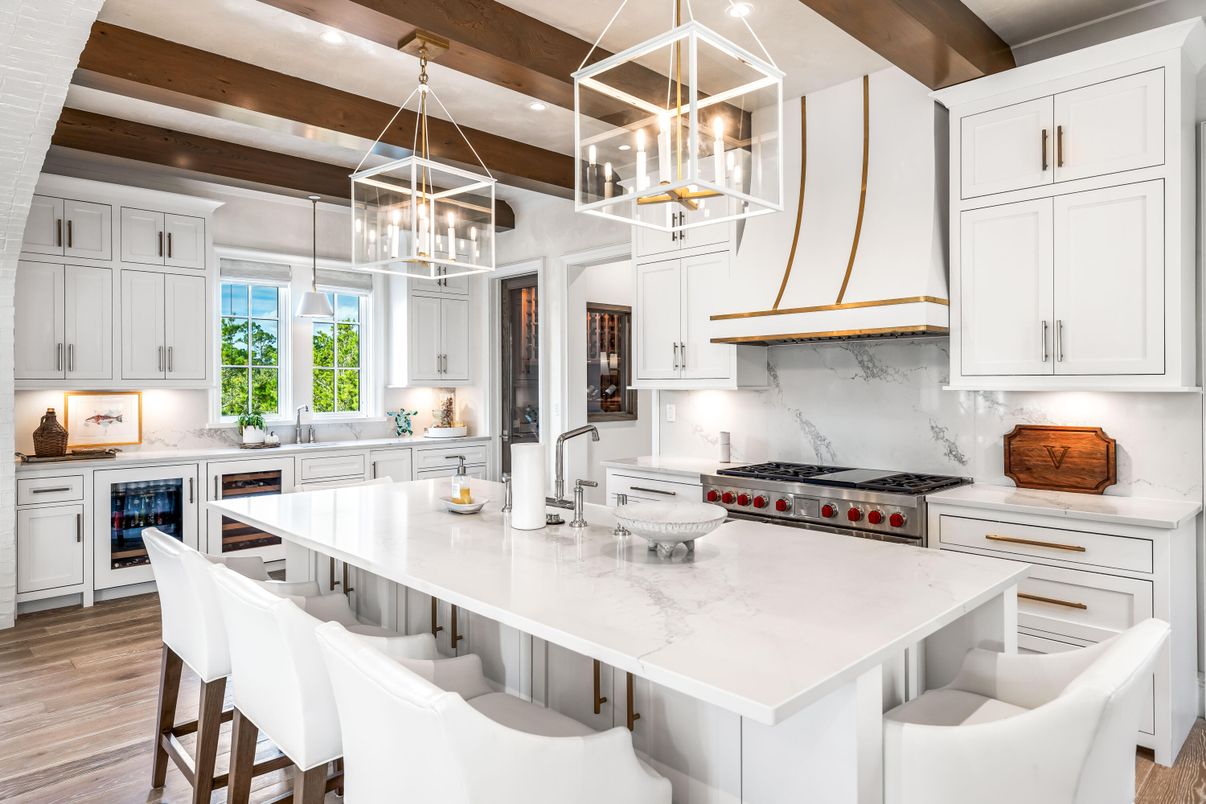 Interior, Kitchen, Pendant Lights, Recessed Lighting, Stainless Steel Appliances, Wooden Beams, Wood Texture Flooring