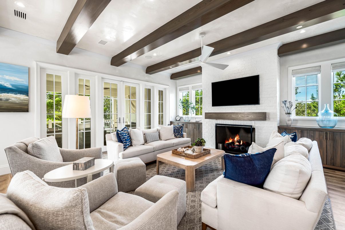 Fireplace, Interior, Living room, Recessed Lighting, Stone Walls, Wooden Beams, Wood Texture Flooring