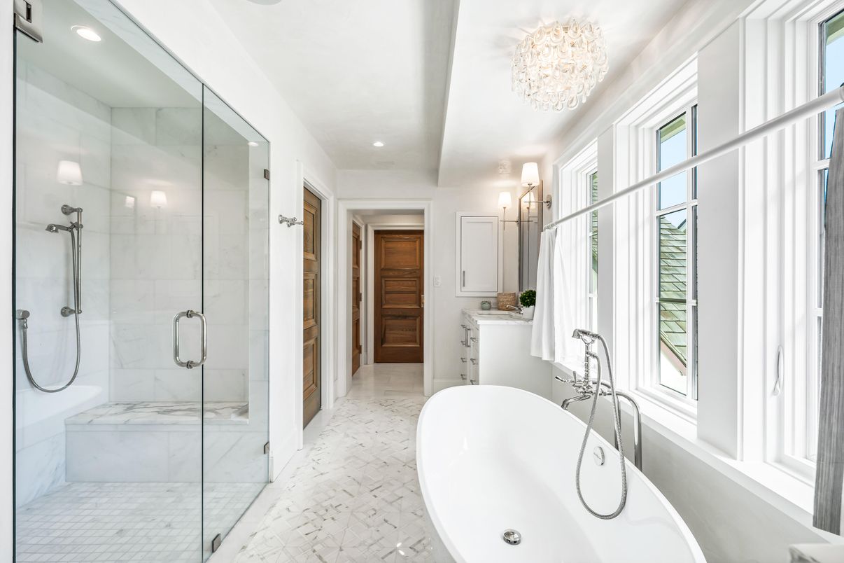Bathroom, Chandelier, Free Standing Baths, Glass Shower, Interior, Marble, Marble Walls, Recessed Lighting