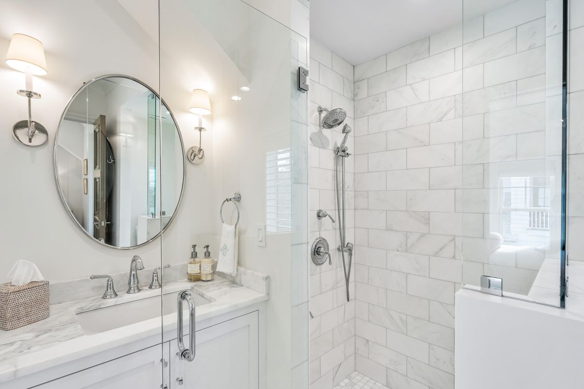 Bathroom, Glass Shower, Interior, Marble Walls, Recessed Lighting