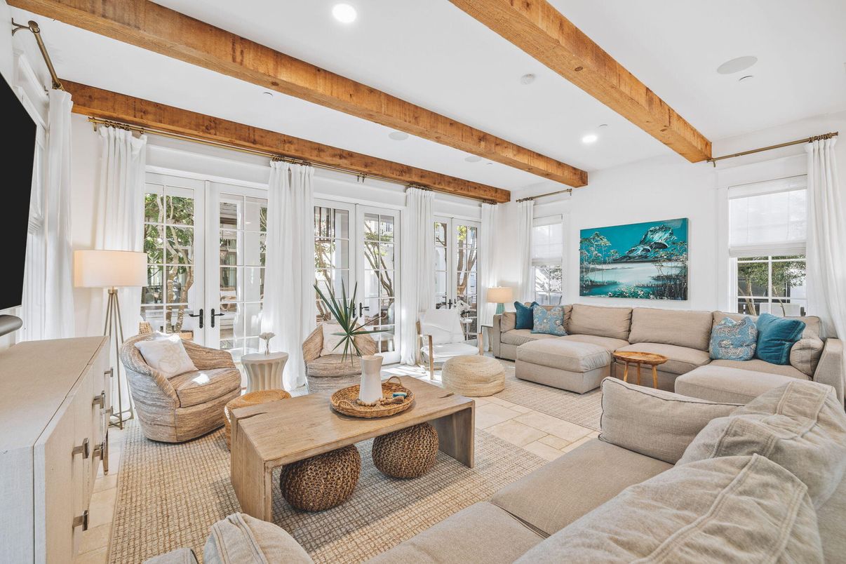 Interior, Living room, Recessed Lighting, Wooden Beams
